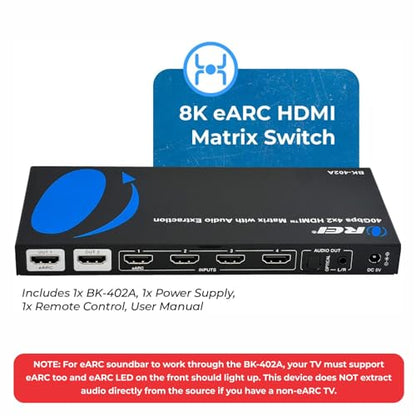 OREI 4x2 HDMI Matrix Switch 8K with Audio Extraction eARC, EDID, Downscale | 4x2 Matrix Switch, 4 x 2 Video Matrix – HDMI 2.1, 40Gbps, VRR, ALLM, FVA, HDCP 2.3, 4K120 & 8K30 4:4:4 - color: Black
