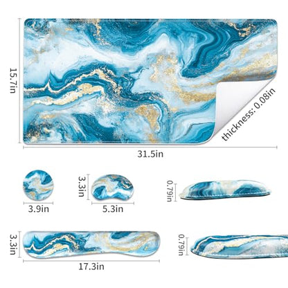 QIYI PU Leather Desk Mat Set, 4-in-1 Ergonomic Wrist Rest, Blue Fluid Art | Waterproof Large Mouse Pad 31.5×15.7 + Keyboard Wrist Rest + Mouse Wrist Support+Coaster, Non-Slip Office Gaming Accessories - color: Blue Fluid Art