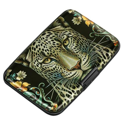 ELFISH Mini RFID Aluminum Wallet Credit Cards Holder Business Card Case Metal ID Case for Men Women(Black Leopard) - color: Black Leopard