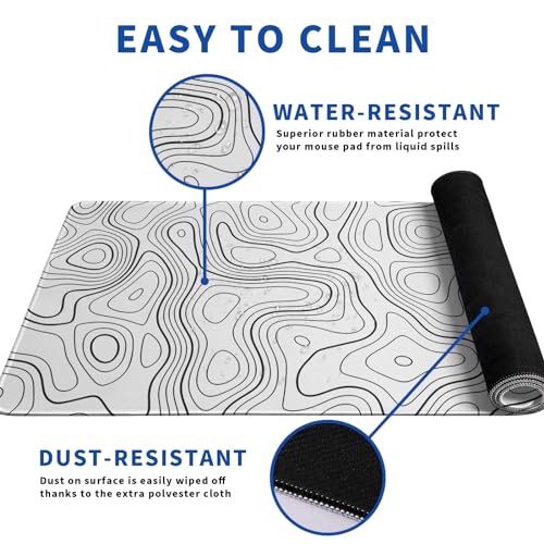 Topographic Contour Gaming Mouse Pad White Large Mouse Pad for Keyboard and Mousepad Desk Mat with 3mm Non-Slip Base and Stitched Edge for Gaming and Office Computer Mat Protector Mat 31.5x11.8 Inch - color: White Topographic Contour
