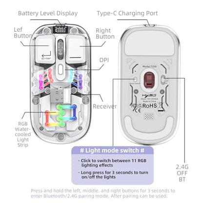 Wireless Bluetooth Mouse, Transparent BT + 2.4G Dual-Mode Mechanical Mouse with Magnetic Top Cover, Rechargeable RGB Backlit Gaming Mouse for Gaming/Esports/Desktop/Laptops/Tablets (White) - color: White