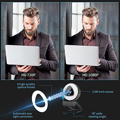 Angetube Streaming Webcam with Ring Light, Computer Camera with Microphone | 1080P@30fps, 5X Digital Zoom HD Web cam for Xbox Twitch Gaming, USB PC Web Camera for PC Laptop Desktop Mac