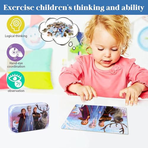 MZZOTOY Puzzles for Kids Ages 4-8, 60 Pieces Puzzles for Kids Ages 3-5 in a Metal Box Girls and Boys Learning Educational Jigsaw Puzzle Toys Gifts - color: A-frozen