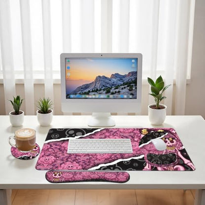 Pink Skull Desk Mat Set Cute Goth Aesthetic Large Mouse Pad with Wrist Rest 4in1 Desk Mat for Desktop Ergonomic Computer Desk Arm Wrist Anti-Slip Computer Ergonomic Mouse Pad Home Office Gaming - color: Pink Skull