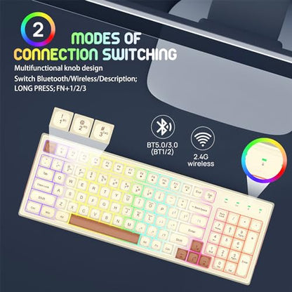 KOLMAX BK98 Wireless Gaming Keyboard, Dual Mode 2.4G/Bluetooth Gaming Keyboard,RGB Backlit Ergonomic 98 Keys PBT Mechanical Feeling Wireless Keyboard for Office Windows Mac PC Gamer(Retro Brown) - color: Retro Brown
