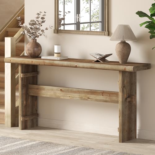 TRIBEWOOD 63-Inch Solid Wood Console Table for Entryway, Narrow Long Farmhouse Sofa Table Behind Couch, for Foyer, Hallway, Living Room, Easy Asswmbly, Brown Greige - color: Greige