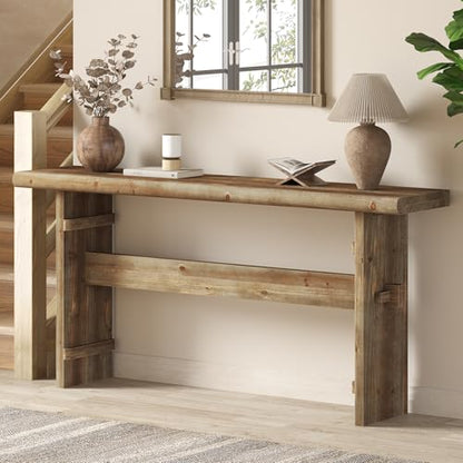 TRIBEWOOD 63-Inch Solid Wood Console Table for Entryway, Narrow Long Farmhouse Sofa Table Behind Couch, for Foyer, Hallway, Living Room, Easy Asswmbly, Brown Greige - color: Greige
