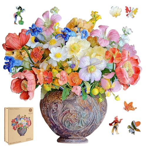 Delobil Flower Wooden Puzzles for Adults, 200 Pieces Vase Jigsaw Puzzles, Unique Shaped Medium Size Wood Puzzle Birthday Gifts for Mom Adults and Kids, Family Game 11'' x 11.3'' - color: Retro Flowers, size: 200Pcs