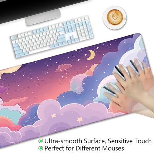 LIMKRIAN Purple Cloud Mouse Pad Kawaii Large Desk Mat, 31.5x11.8 in | Stitched Edges, Non-Slip, Mouse Pads for Gaming Computer Laptop, Desk Matt for Desktop, Cute Office Desk Accessories - color: Anime Purple Clouds