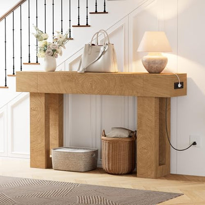 63 Inch Long Console Table w/Outlets & USB Ports, Narrow Rectangular Sofa Table Behind The Couch, Farmhouse Entryway Table for Entrance, Hallway, Living Room - color: Natural, style: With Socket