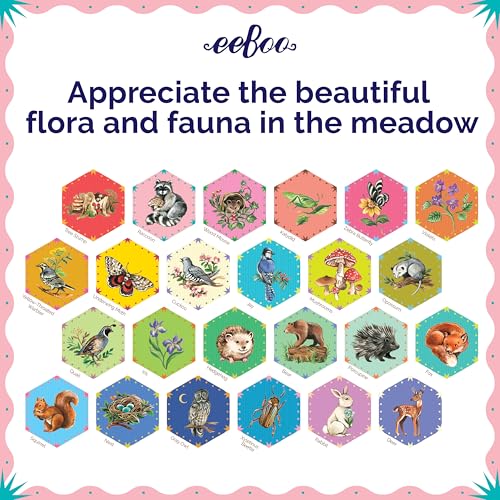 eeBoo Life in a Meadow Memory & Matching Game, Ages 3+, 1-4 Players | Introduces woodland flora & fauna. Sharpens recognition, concentration & memory skills. Includes 48 hexagonal tiles, 24 pairs - style: Life in a Meadow