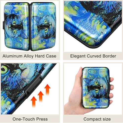 ELFISH Mini RFID Aluminum Wallet Credit Cards Holder Business Card Case Metal ID Case for Men Women(Blue Cat) - color: Blue Cat