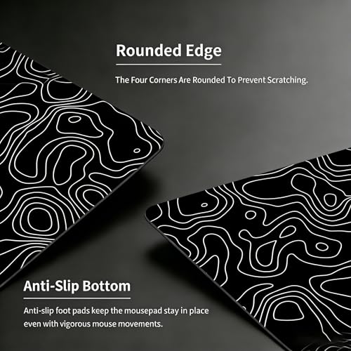 Glass Gaming Mouse Pad,Black Topographic Hard Surface Gaming Mousepad,17.7‘’X15.7'' Tempered Glass Desk Mat,Ultra-Smooth Large Square Desk Mat,Improved Precision and Speed for Esports FPS Players - color: Black(Topographic)