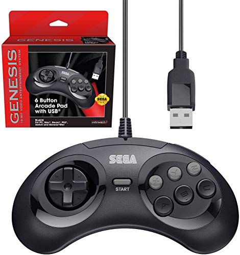 Retro-Bit Official Sega Genesis USB Controller 6-Button Arcade Pad for Sega Genesis Mini, PS3, PC, Mac, Steam, Switch - USB Port - (Black) - color: Black