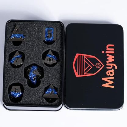 Unique Galaxy Metal DND Dice Set, 7PCS Polyhedral RPG Dice with Glitter River Design for Dungeons and Dragons Tabletop Games - color: Antique Nickel Dark Blue