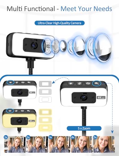 Webcam for PC, 4K Streaming Camera with Light, Web Camera for Desktop/Laptop Computer Webcam with Microphone, Plug and Play USB Web Cam with Bracket, for Video Calls and Meetings (Black)