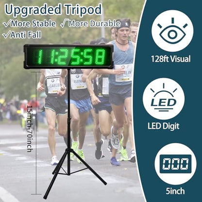 Large LED Display Digital Race Timer with Battery,Function-Countdown/Up/Time Clock, Remote Control, Tripod Stand and Adjustable Brightness for Sports Events, Races, Meetings, (Green) - style: waterproof+green