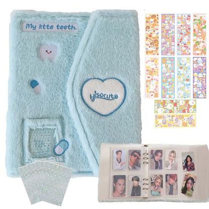 Kpop Photocard Binder with 6 Stickers Sheet & 50 Shinning Protective Sleeves Kpop Photocard Holder Book with Kpop Photocard, A5 Binder Photocard Album 30 Inner Pages with 240 Pockets (Skyblueplush) - color: Skyblueplush