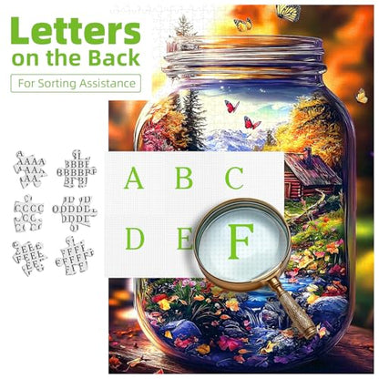 MINIWAN 1000 Piece Jigsaw Puzzle for Adults - Enchanted Mountain Jar with Log Cabin & Butterflies, 27.5x19.7 Inch Unique Art Puzzle, Challenging Hard Difficult Puzzles for Adults - color: Enchanted Autumn Cabin Jar
