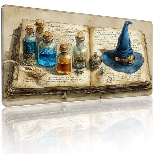 Large Gaming Mouse Pad, Wizard Spellbook Design, 35.4 x 15.7 Inches, Extended Desk Mat - color: Ancient Wizard's Hat and Potion