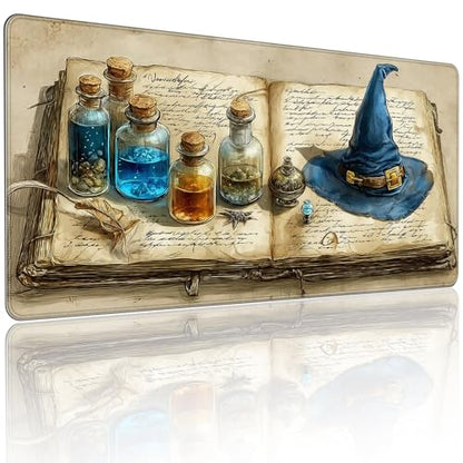 Large Gaming Mouse Pad, Wizard Spellbook Design, 35.4 x 15.7 Inches, Extended Desk Mat - color: Ancient Wizard's Hat and Potion