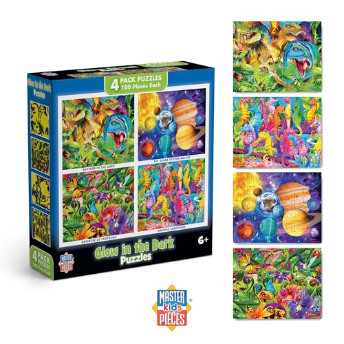 MasterPieces – Jigsaw Puzzle Set for Kids 6+ Years, 4-Pack of 100 Pieces, Educational and Fun Game, Blue Glow in The Dark Collection, Gift Idea for Children, 8" x 10 - style: Glow in the Dark V2