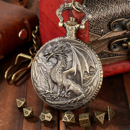 Mini D&D Dice Set with Steampunk Red Dragon Pocket Watch Shell Case, Tiny 7pcs Polyhedral Metal DND Dice, Gift Set with Leather Bag, RPG Accessories, DND Starter Set, Bronze - color: Red Dragon