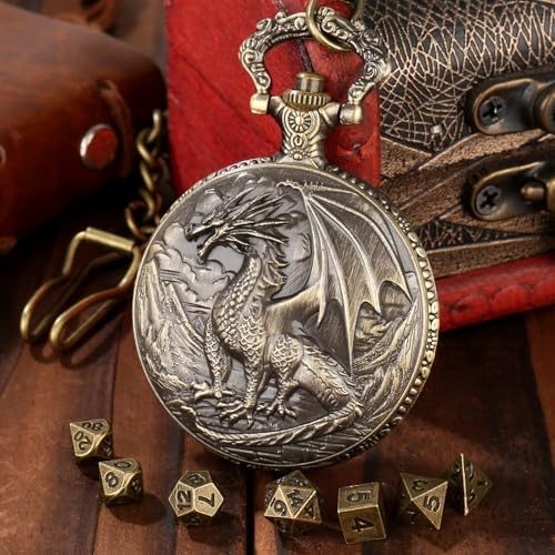Mini D&D Dice Set with Steampunk Red Dragon Pocket Watch Shell Case, Tiny 7pcs Polyhedral Metal DND Dice, Gift Set with Leather Bag, RPG Accessories, DND Starter Set, Bronze - color: Red Dragon