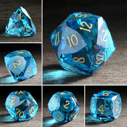 DNDND 7-Piece Glass Dice Set - Multifaceted Blue RPG Dice Set for DND, Tabletop Gaming, Collectors | Premium Gift Box & Durable Design (Blue) - color: Blue