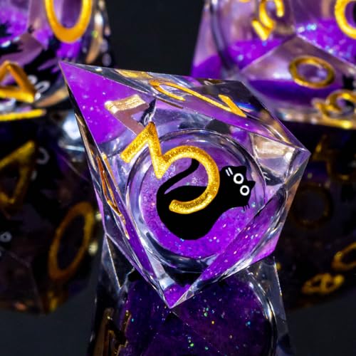 Roycevon Resin DND Dice Set with Gift Box, 7Pcs Liquid Core Cat D&D Dice, Cute Dungeons Dragons D and D Dice, Sharp Edge Role Playing Game Dice D20 D12 D10 D8 D6 D4, Purple - color: Purple