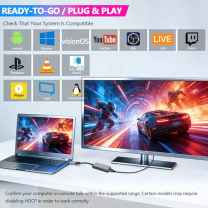 4K HDMI Video Capture Card 1080p60, USB 3.0 & Type-C, Plug-and-Play Game Capture for PS5/Xbox/Switch/Quest 3, iPad Pro/Mac/Windows/OBS, Zero-Lag Pass-Through, Pocket Aluminum Case