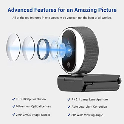 NexiGo N680E 1080P Webcam with Ring Light, Privacy Cover and Dual Microphone, Advanced Auto-Focus, Adjustable Brightness, Streaming Web Camera for Zoom Skype Facetime, PC Mac Laptop Desktop - style: Webcam with Light