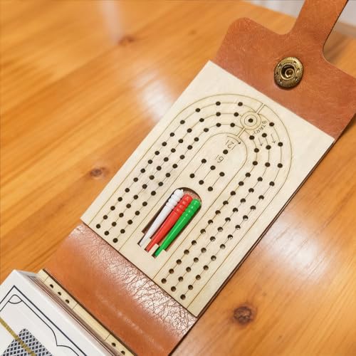 Foleto Travel Cribbage Board Game – 3-Track Leather Set w/Cards & Pegs | Folds 3.9x2.7x1.2in, unfolds 8in | wood+leather | 6 pegs+cards | 2-3 players | travel/camping/family