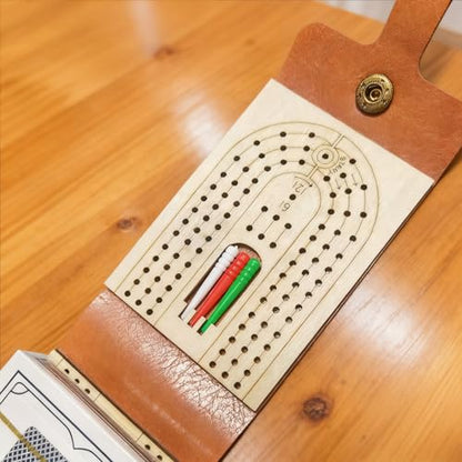 Foleto Travel Cribbage Board Game – 3-Track Leather Set w/Cards & Pegs | Folds 3.9x2.7x1.2in, unfolds 8in | wood+leather | 6 pegs+cards | 2-3 players | travel/camping/family