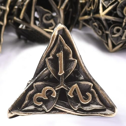 AUSTOR Metal DND Dice Set 7 Pieces Leaf DND Dice Hollow Polyhedral Dice D20 D12 D10 D% D8 D6 D4 Metal Dice with Metal Box for Dungeons & Dragons RPG Board Games (Antique Bronze) - color: Antique Bronze