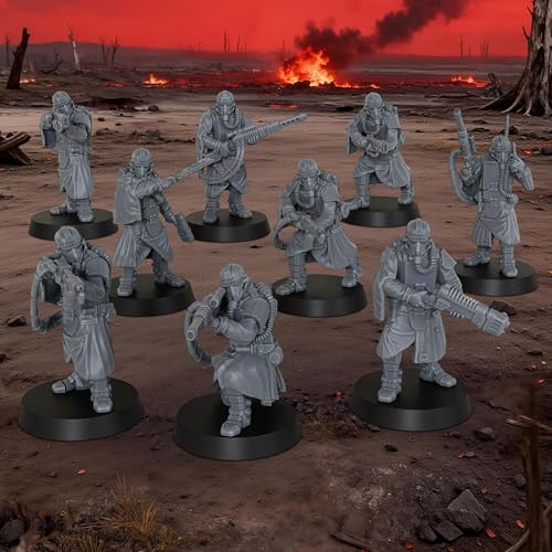 AUSPDICE Tabletop Unpainted Minis, 28mm 9pc Sci-Fi Soldier Squad, AS938 | Sci-Fi Figurine Squad for Role Playing, Miniature Games and TTRPGs, with Helmeted Combat Figures for Wargaming and RPG Gifts