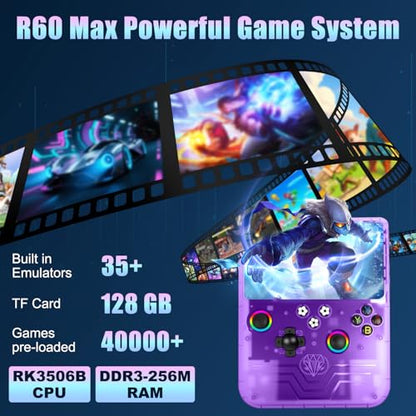 R60 Max Handheld Game Console, 128GB Retro Gaming Console with 40000+ Games, 6-Inch IPS Screen, Linux System, RGB Joysticks, 6000mAh Rechargeable Portable Gaming System (Transparent Purple) - color: Transparent Purple