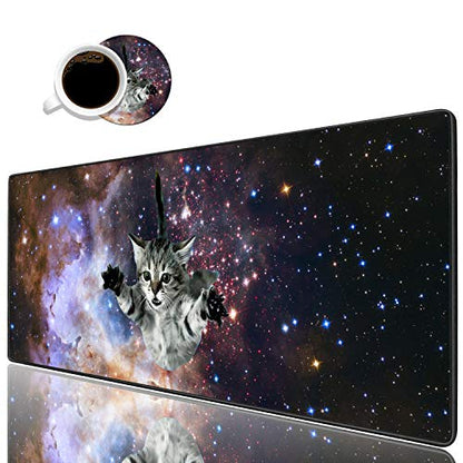 Desk Pad Mat Gaming Mouse Pads with Coasters Set, Stitched Edges Design Mouse Pad XXL Large Mouse Pad for Laptop Computers Galaxy Fly Cat Desk Writing Mat for Office & Home 31.5x 11.8 - color: Galaxy Fly Cat