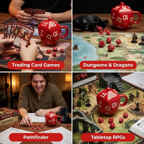 D20 Mug Gift Set by Generix Geek — 7 Red Polyhedral Dice, Ceramic Mug with Lid & Vegan Leather Pouch | DND Dungeons Dragons Tabletop RPG Gift