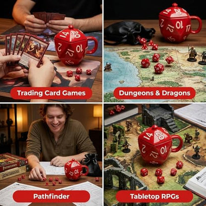D20 Mug Gift Set by Generix Geek — 7 Red Polyhedral Dice, Ceramic Mug with Lid & Vegan Leather Pouch | DND Dungeons Dragons Tabletop RPG Gift