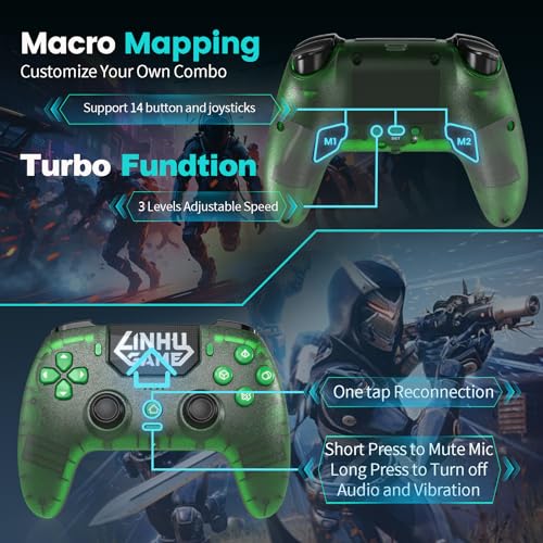 citnh Wireless Controller for PS-5/Pro/Slim/PC, with Transparent Shell/RGB Tape Light/Hall Effect Joyticks and Trigger/Macro/Turbo/3.5mm Audio Jack/Speaker and Mic/1500 mAh Large Battery Gamepad (Green)