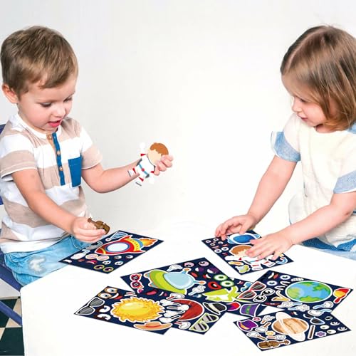 32 Sheet Make Your Own Outer Space Stickers Solar Stystem Astronaut Mix and Match Spaceship Planets Game Stickers for Kids Space Birthday Party Favor Decorations DIY Craft Supplies