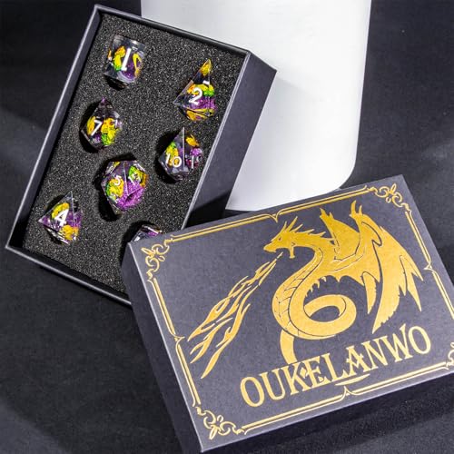 OUKELANWO Liquid Core Mushroom DND Dice Set D&D, 7Pcs Resin Sharp Edge Dice with Gift Box, Dungeons Dragons D and D Role Playing Gaming Dice D20 D12 D10 D8 D6 D4, Purple and Yellow - color: Purple and Yellow