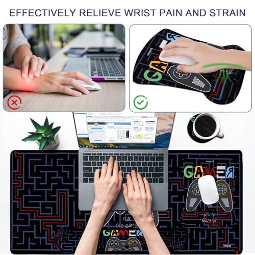 MEGREZ 4-in-1 Mouse Pad with Wrist Rest Ergonomic Memory Foam Desk Mat Set | ergonomic, anti-slip base, 4pcs set, desk pad, mouse wrist rest, keyboard rest, coaster, ideal for office & gaming - color: Black