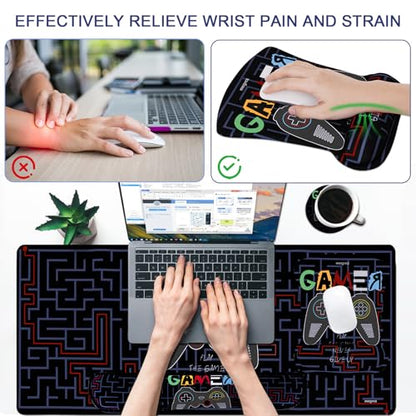 MEGREZ 4-in-1 Mouse Pad with Wrist Rest Ergonomic Memory Foam Desk Mat Set | ergonomic, anti-slip base, 4pcs set, desk pad, mouse wrist rest, keyboard rest, coaster, ideal for office & gaming - color: Black
