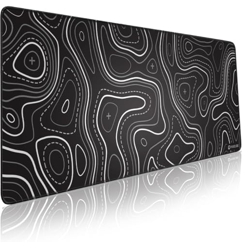 Pixiecube Minimalist Topographic Map Mouse Pad - Contour Extended Large Stitch Edge Mousepad. Black & White Non-Slip XXL Gaming Desk Mat - color: Black Topographic, size: 31.5L x 11.8W inches