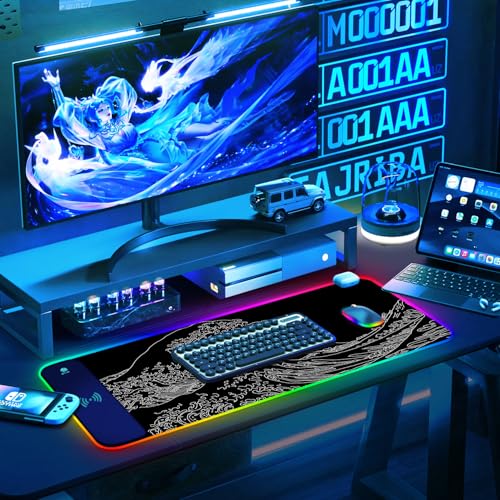 ToLuLu RGB Wireless Charging Gaming Mouse Pad, 7.5/10/15W 10 Light Modes LED Mouse Pad Computer Keyboard Mat Mousepad, 800x300x4MM Extended Large Desk Pad Mat, Japanese Kanagawa Sea Wave Black White - color: Japanese Kanagawa Sea Wave Black White