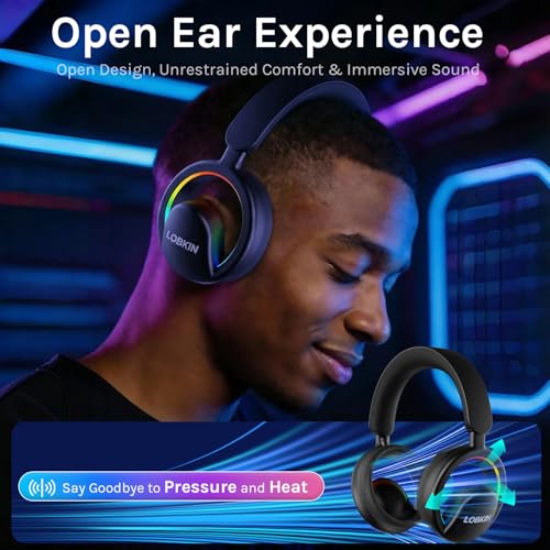 LOBKIN Open Ear Headphones, Bluetooth 6.0 Wireless Headset with Detachable Mic, Adjustable RGB Lights, Voice Assistant Comfortable Breathable Safe Lightweight Over Ear Headphones for Working Gaming