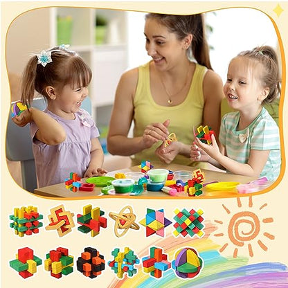 Syhood 12 Pcs Wooden Brain Teaser Puzzles 3D IQ Challenge Toy Games Logic Mind Smart Puzzle Box Lock Toy Brain Teaser Intellectual Removing Assembling Gift Set for Adults Teenagers