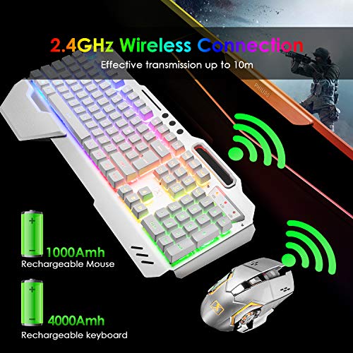Wireless Gaming Keyboard and Mouse,RGB Backlit Rechargeable Keyboard Mouse with 5000mAh Battery Metal Panel,Removable Hand Rest Mechanical Feel Keyboard and 7 Color Gaming Mute Mouse for PC Gamers - color: White RGB